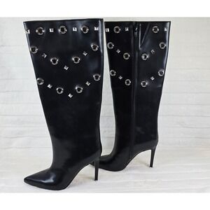 International Concepts Black Studded Eyelet Pointed Toe Stiletto Boots Knee High